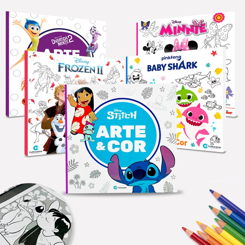 Livro Para Pintar Colorir Desenhar Disney Lilo Stitch Minnie Frozen Baby Shark Divertidamente Alegria Tristeza