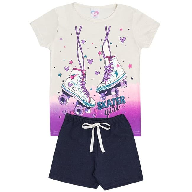 Conjunto de Verão Infantil Feminino Blusa Bege e Shorts Preto Patins - KK Kids