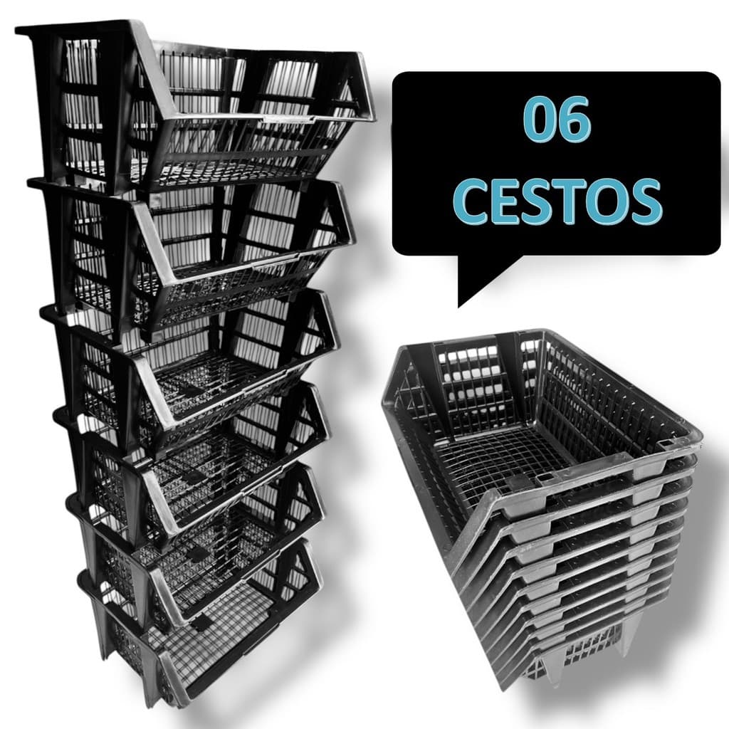 6 Cesto Empilhavel Expositor Organizador Preto Encaixavel