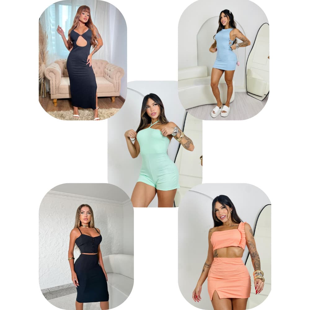 Kit Roupa Feminina 5 peças 2 Vestidos Canelados + 1 Macaquinho Canelado + 2 Conjuntos Canelado
