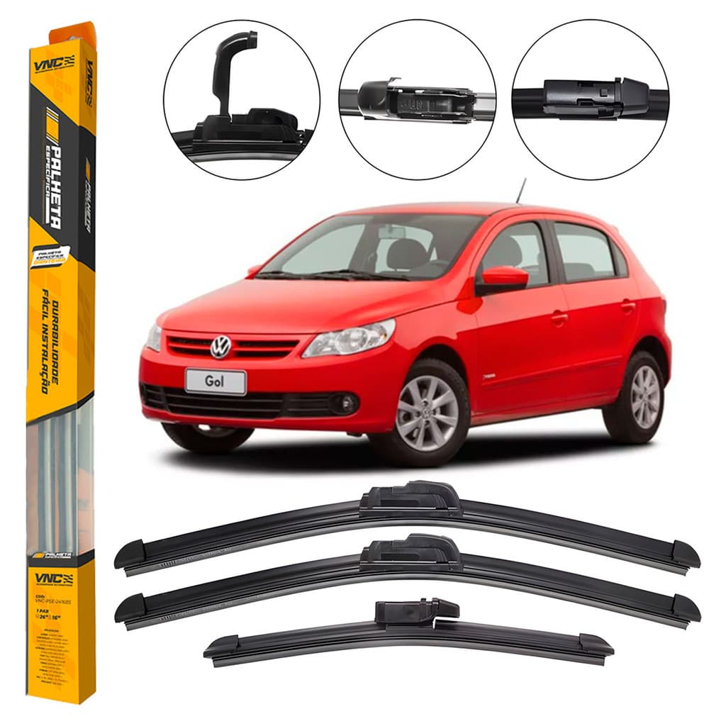 Kit 3 Palhetas para Limpador de Parabrisa Dianteiro + Traseiro Gol G5 GV 2008 2009 2010 2011 2012