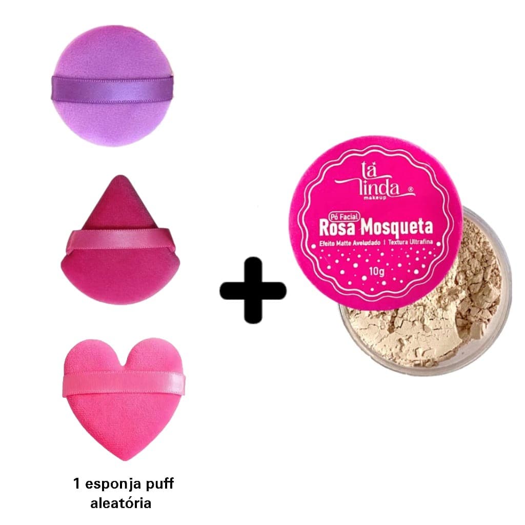 Kit 01 Pó Facial de Rosa Mosqueta Matte Aveludado Tá Linda e 01 Esponja Almofada Puff