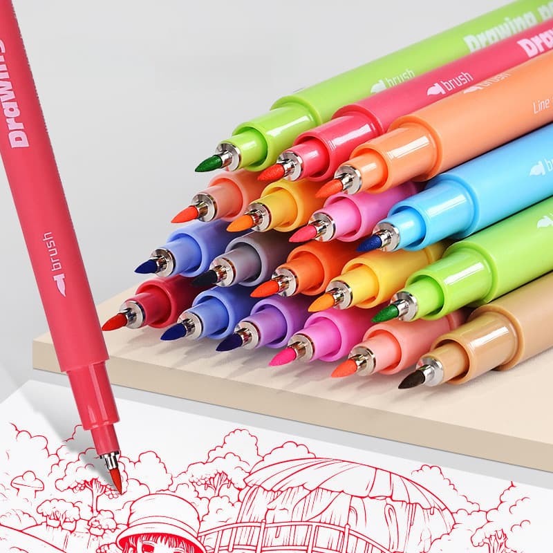 Caneta de desenho colorida com ponta macia, 12 cores, linha à prova d'água, gancho, manual, caneta dedicada em quadrinho