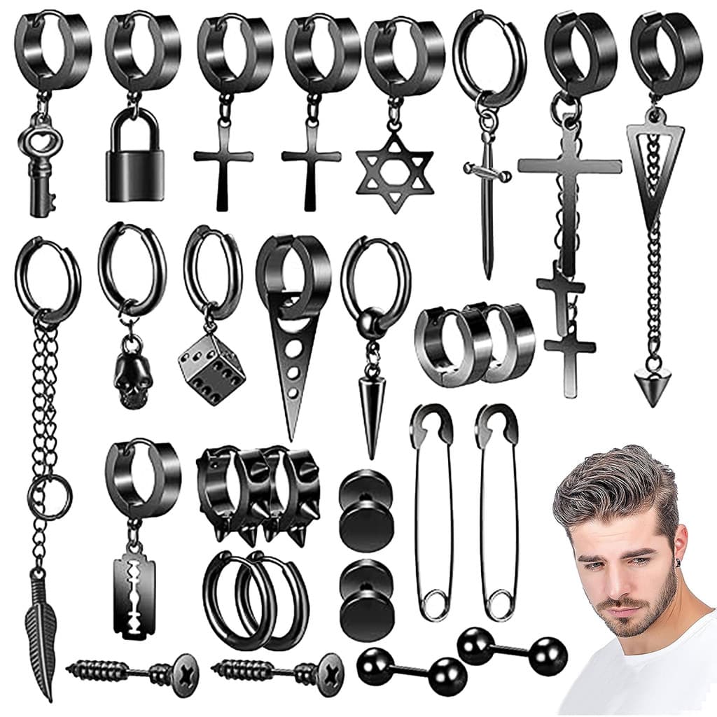 28 brincos masculinos e femininos de aço inoxidável, conjunto de brincos de argola