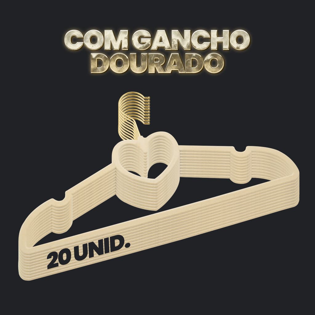 Kit 20 Cabides Veludo Bege Formato Coração c Gancho Dourado