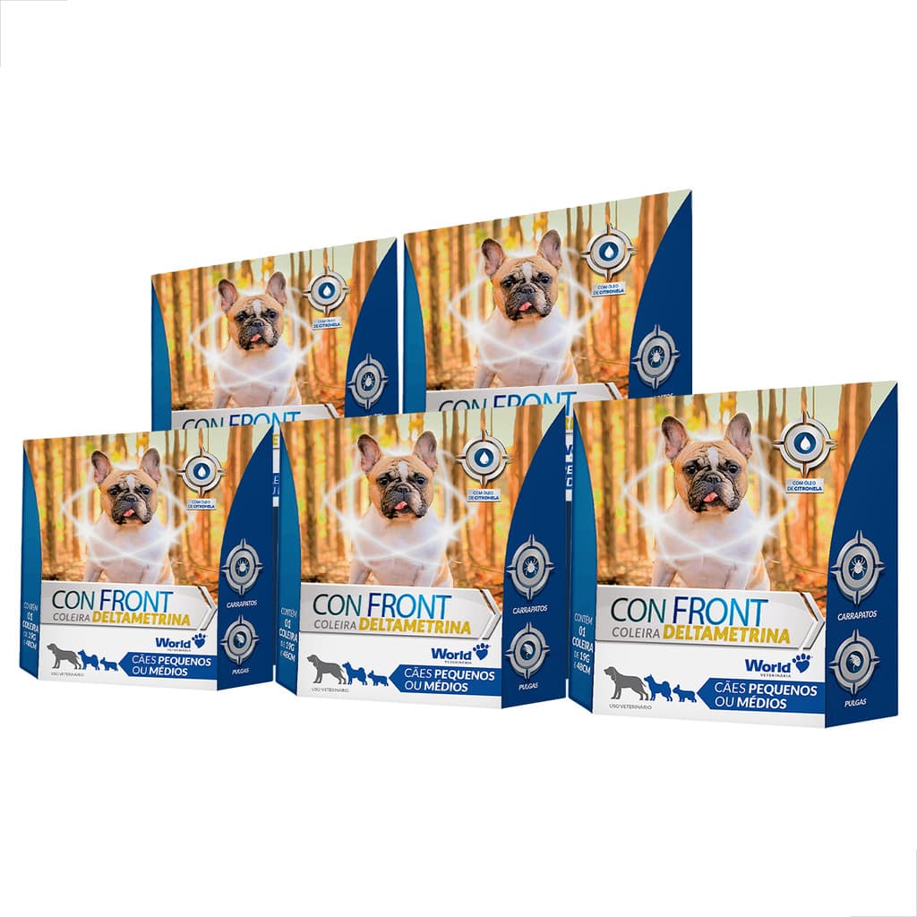 KIT 5 Unidades Coleira Comfront Antipulgas E Carrapatos Deltametrina 19g Cães Pequeno Medio