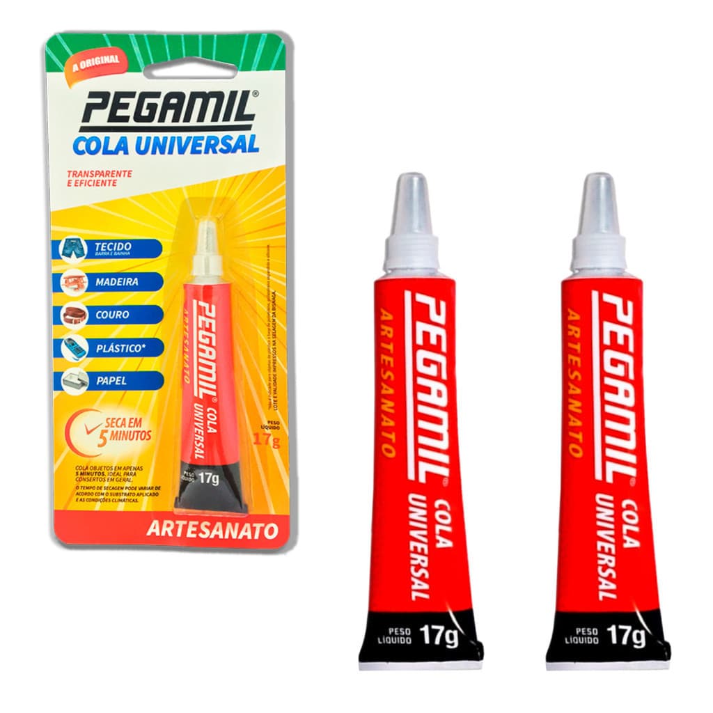 Kit 2 Cola Pegamil 17g Tecido Papel Madeira Couro Plástico a