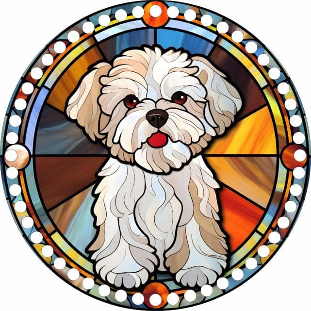 Base Crochê Redonda Cachorro Maltês Mod1 - Arte Estilo Vitral