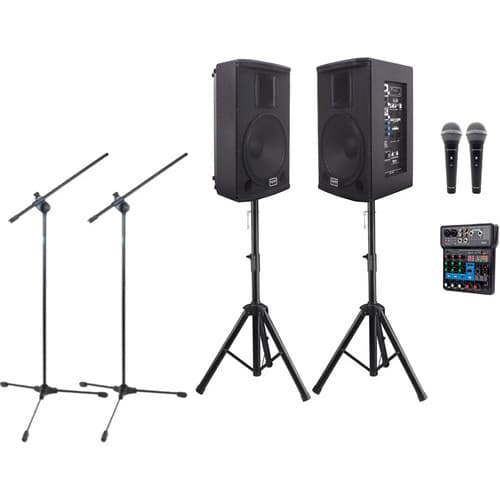 Kit Caixa Saga 12 Preta Mesa 4 Canais Bt Microfone Pedestais