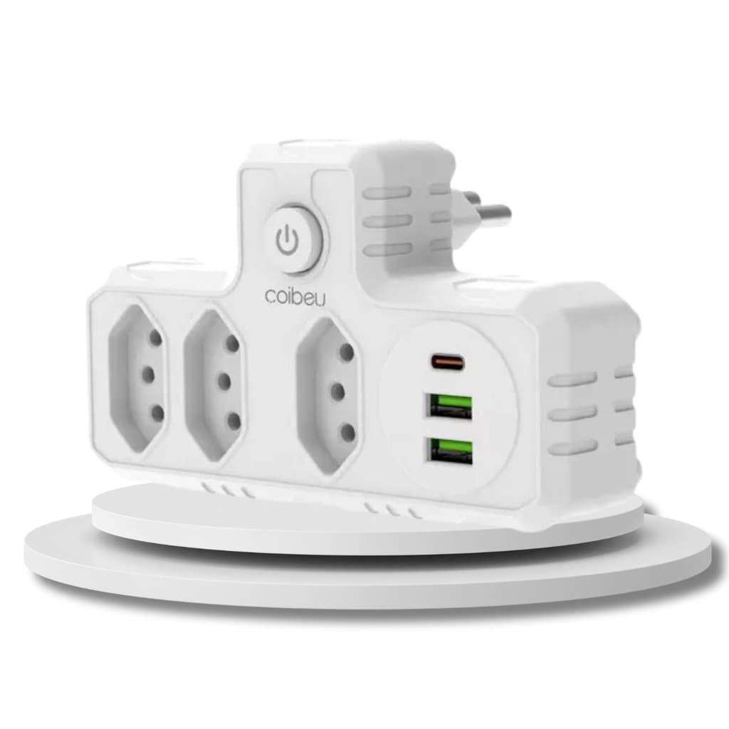 Adaptador de Tomada 3 Tomadas 2 Interface USB 1 Porta USB Type-C Branco 2500W 10A