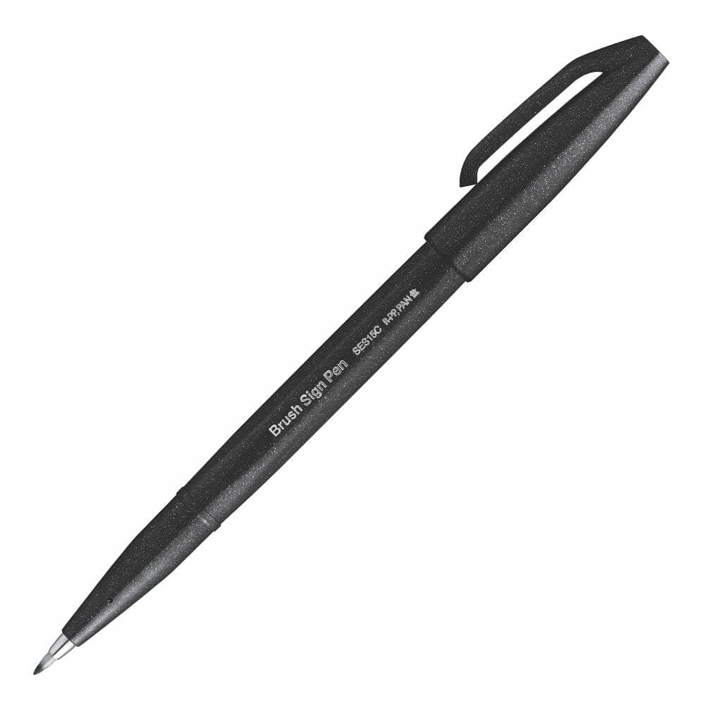 Caneta Brush Pentel Sign Pen Preta SES15C-A Ponta Flexível Ideal para Lettering Caligrafia e Desenho