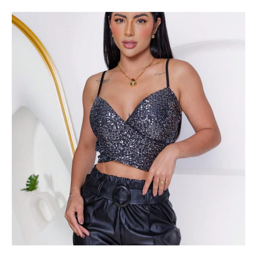 Cropped Feminino Transpassado Alças Finas Paetê Brilhos