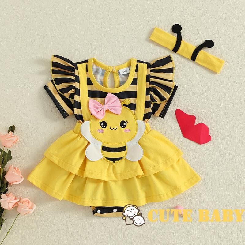 Eph-Infantil Bebê Meninas Manga Curta Listrado Abelha Macacão Vestido Com Faixa De Cabeça,0-18 Meses