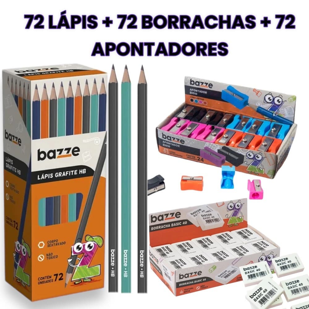 KIT ATACADO CAIXA DE LAPIS DE ESCREVER PRETO + BORRACHAS + APONTADOR