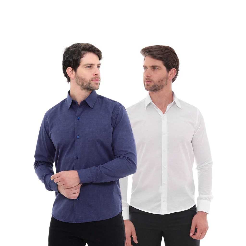 KIT Masculino 2 Peças - Camisa Social Premium Tipo Linho Azul Marinho e  Camisa Social Slim Branca
