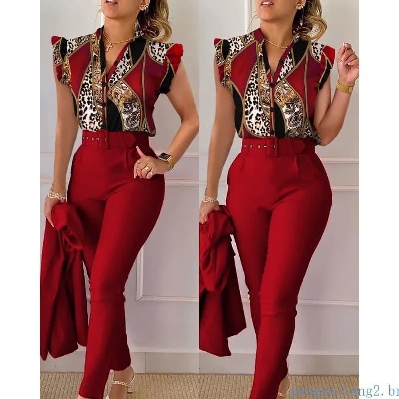 Mulheres elegantes Slim Sets Duas Peças Moda Primavera Verão Imprimir Botão Pescoço V Flying Sleeve Camisa Ternos Cinto
