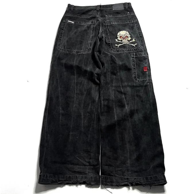 Tendência Retro Jeans Novo Harajuku Crânio Gráfico Bordado Calças Denim Feminino Cintura Alta Larga Hip Hop Largas