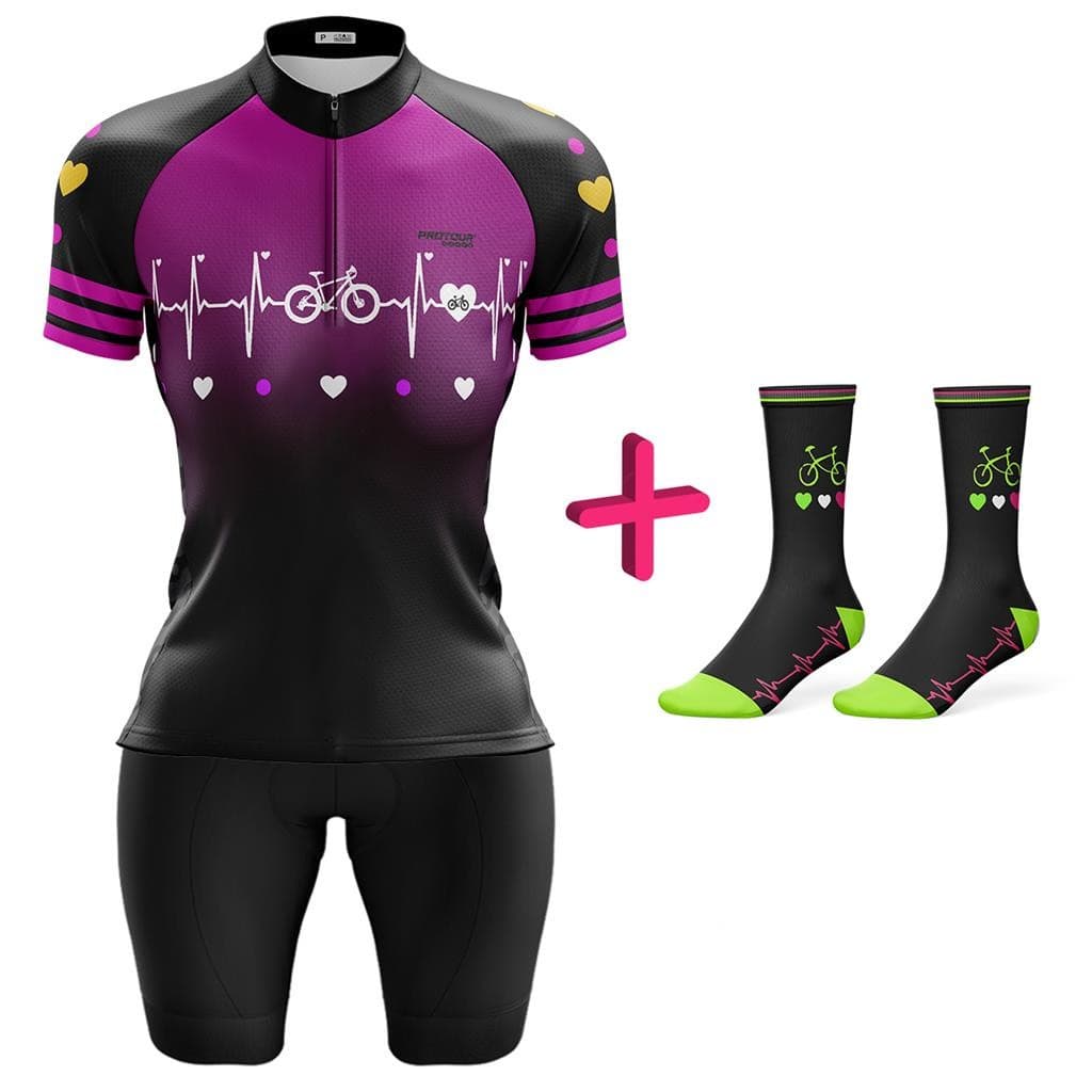Conjunto Ciclismo Bermuda e Camisa Feminino Bike Coracao Rosa Com Meia
