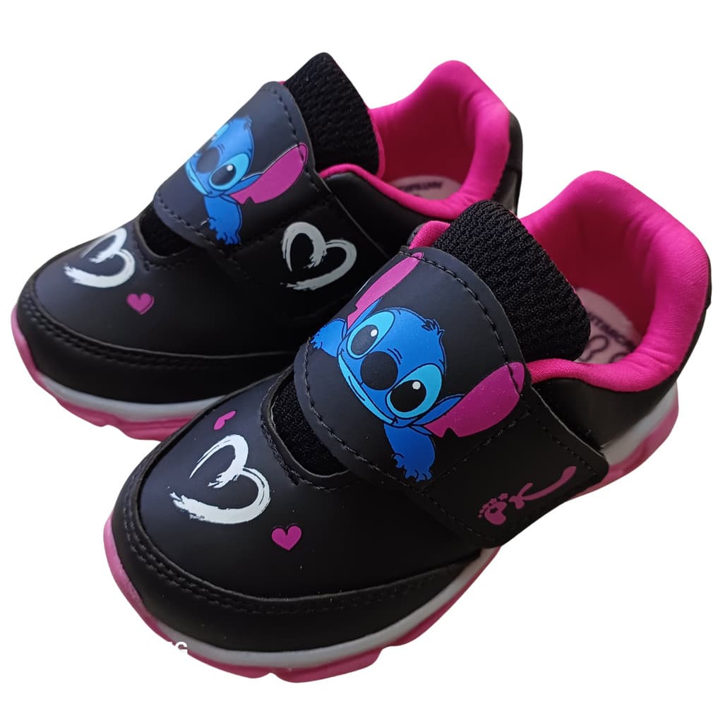 Tênis Infantil Preto e Rosa com Luz e Estampa Fofa Casual com Fecho Rápido