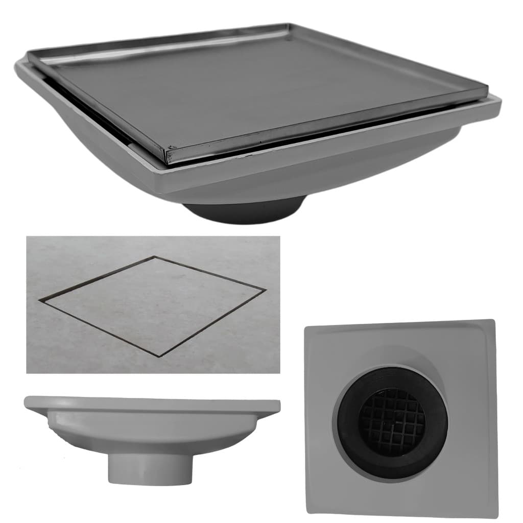 Ralo Invisível 20x20 Base Inox 304 Cola Piso Coletor Plástico Cinza Saída 100mm com Sifão