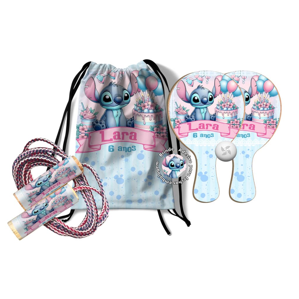 7/10/15/25 Kit Mochilinha Raquetes Ping Pong e Pula Corda - Lilo Stitch