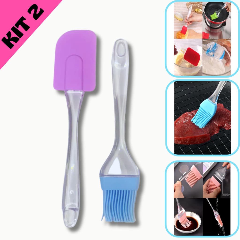 Kit 2 Mini Espátula e Pincel Culinário Silicone Cabo Acrílico Utensilio Cozinha