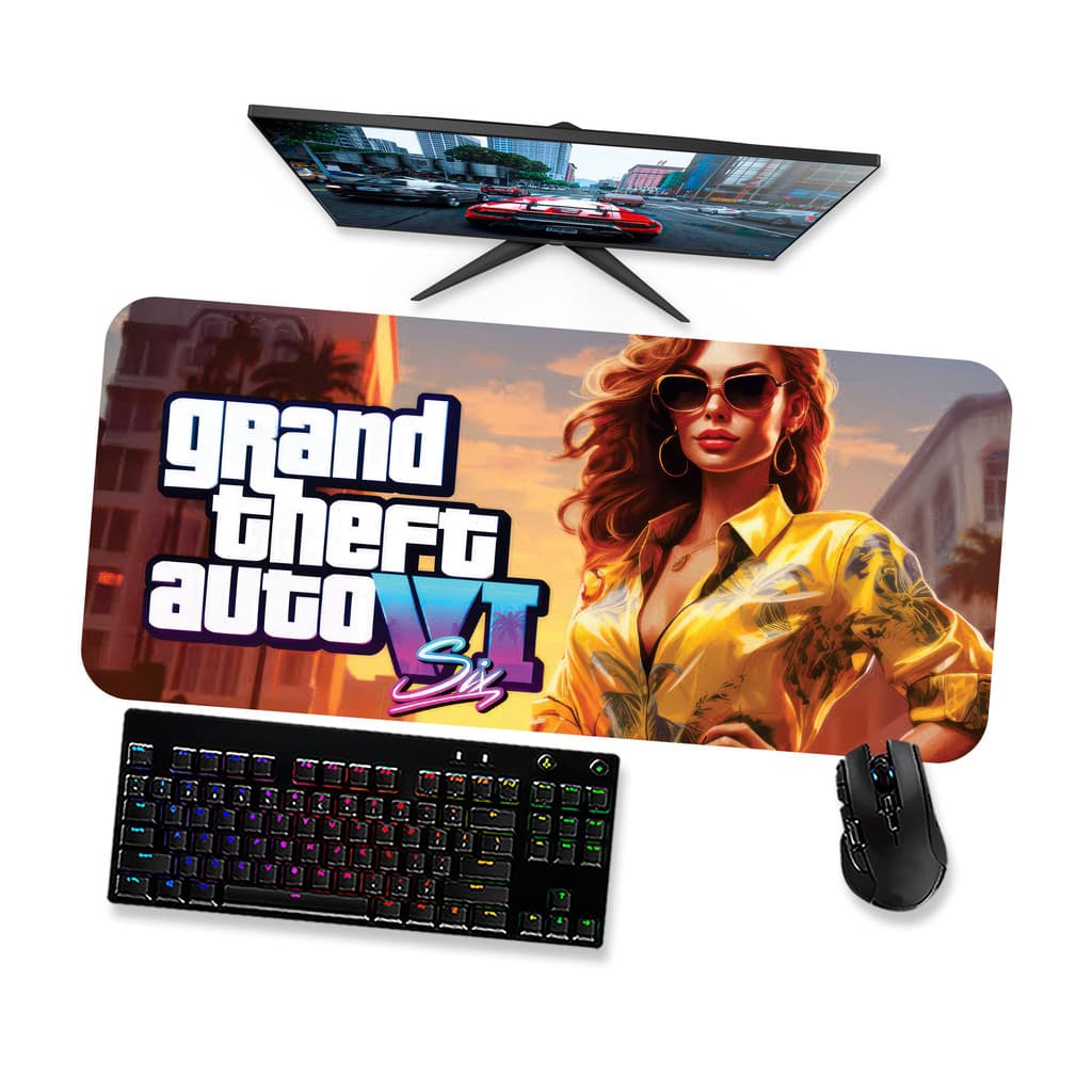 Mouse Pad Gamer Grande  GTA VI PAISAGEM COM MULHER 1  90x40 80x40 60x40 70x30 45x40