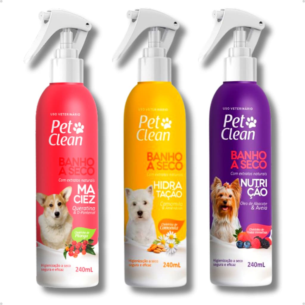 Banho a Seco Sem Enxágue Extratos Naturais Nutrição Maciez Hidratação Premium 240ml Pet Clean
