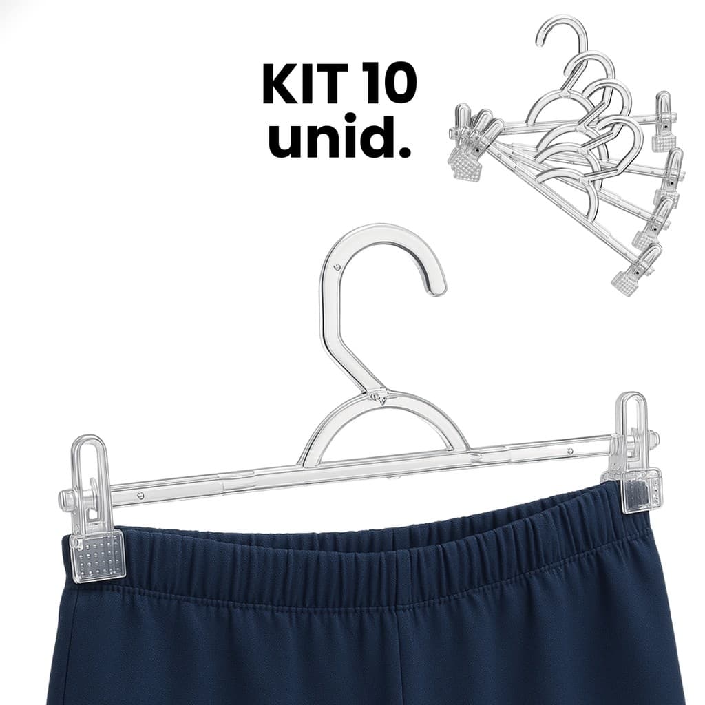 10 Cabides Acrílico Adulto Transparente + Presilha Reforçada para Roupas Calça Saia Bermuda
