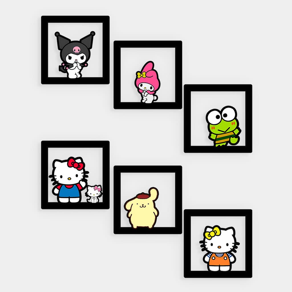 Kit 6 Quadros Hello Kitty e amigos Sanrio MDF Vazado 14x14cm