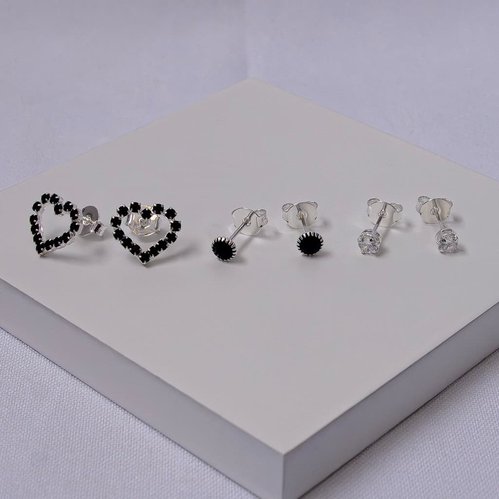 Trio de Brincos Folheado a Prata Coração, Cristal e Zircônia
