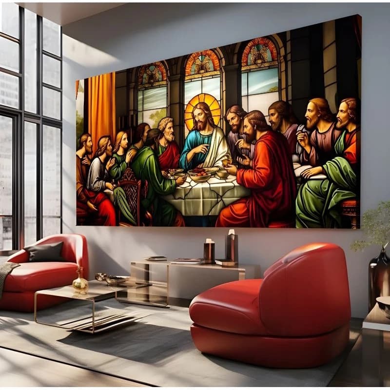 Quadro Decorativo 110x80Cm Santa Ceia de Jesus Religioso Casa Sala Quarto Decoração Parede vitral --