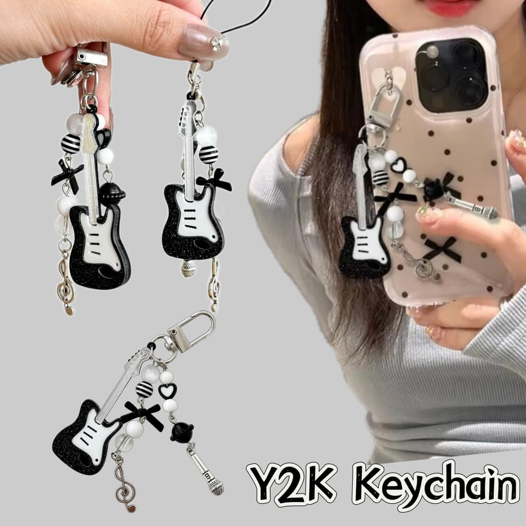 Bonito Guitarra Microfone Grânulo Corrente Do Telefone Móvel Charme Doce Chaveiro Mochila Nota Musical Pingente Saco Pen