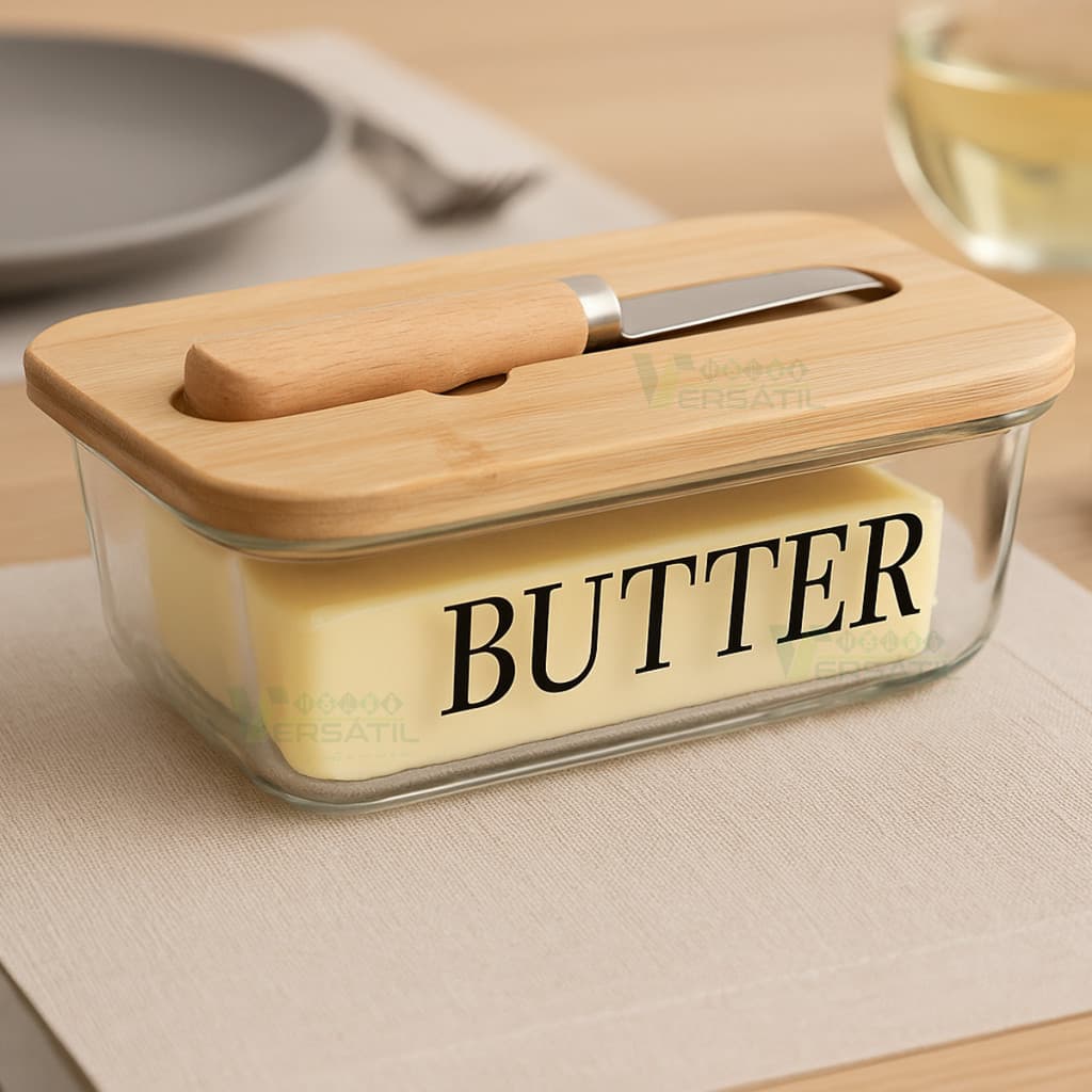 Manteigueira Porta Manteiga Wolff de Vidro com Espátula e Tampa de Bambu Requintada Grande Butter Estampada Mesa Posta