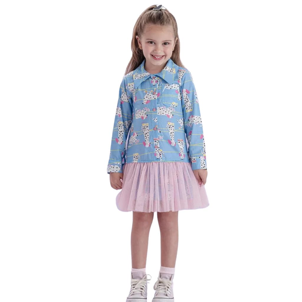 Vestido Manga Longa Estampado Chemisier Com Barra De Tule