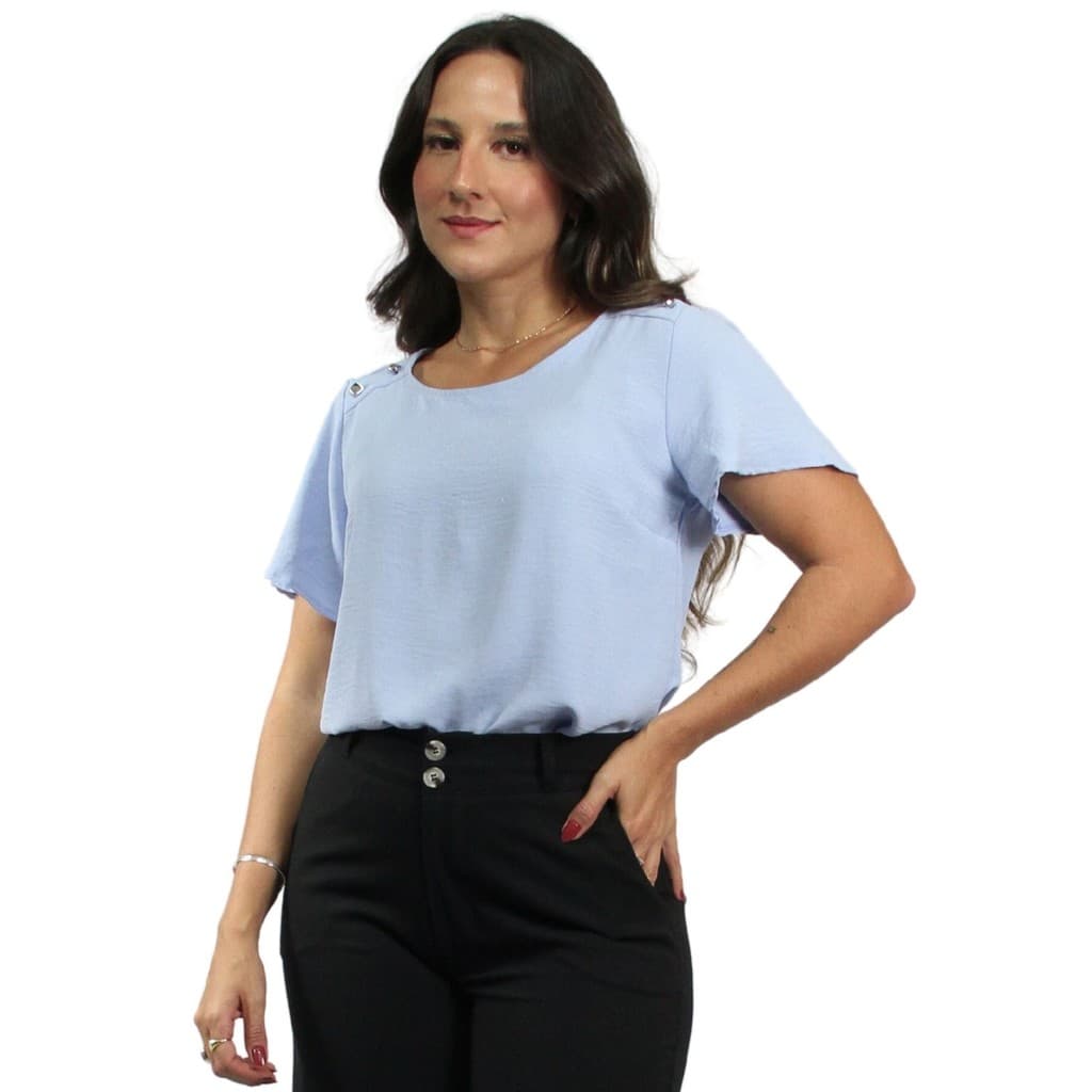 Blusa Feminina Básica Botton Shoulder Tendência Social Manga Curta Diversas Cores Office