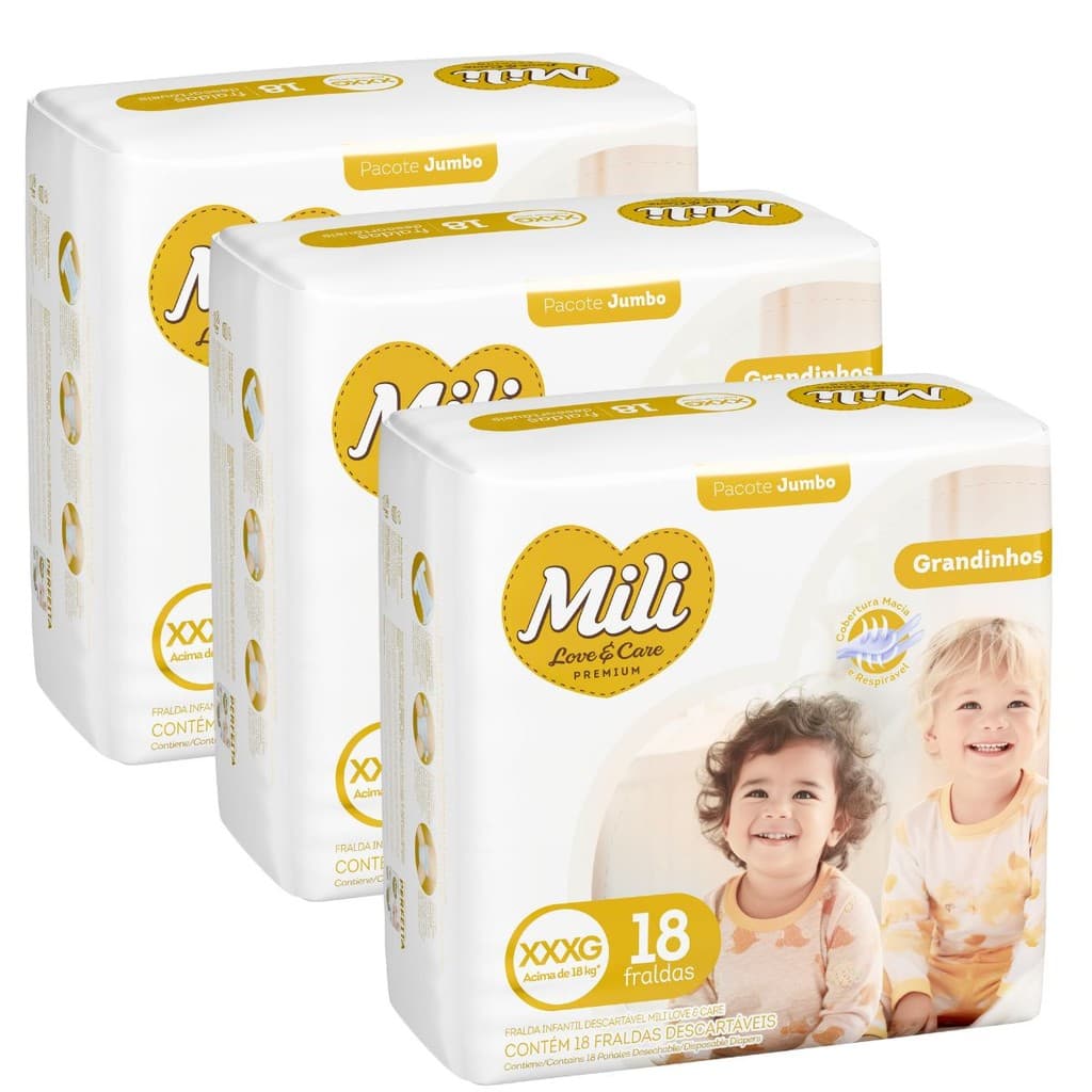 Fralda Descartável Mili Love & Care 3 Pacotes c/ 18 (total: 54 fraldas)  Tam: XXXG - Grandinho