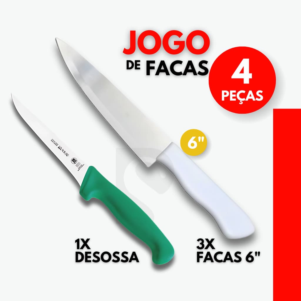 Kit Facas 6"+ Faca de Desossa Inox para Cozinha Churrasco Chef e Donas de Casa