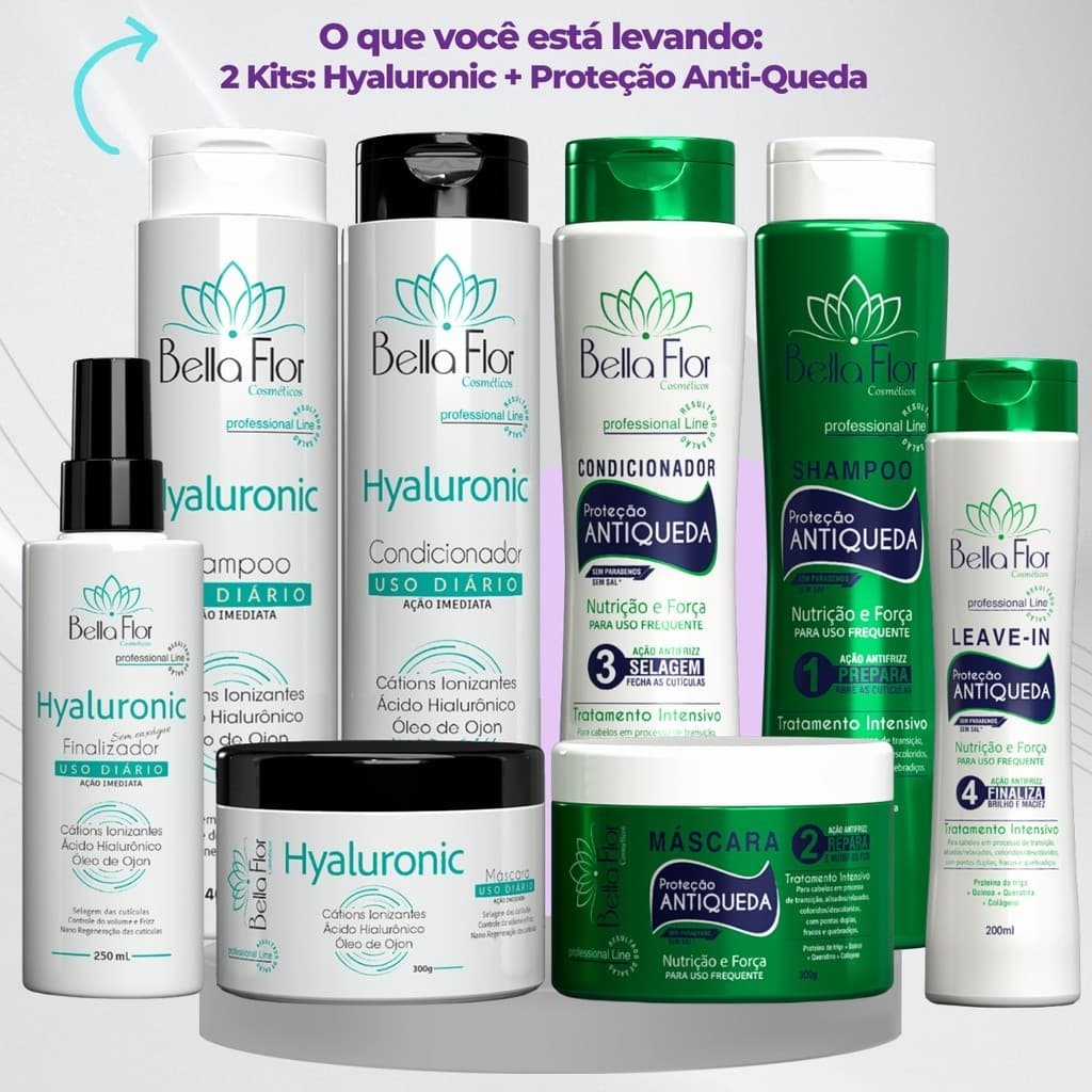 2 Kits Capilares Hyaluronic e Anti-Queda 8 Produtos Bella Flor Fortalecimento Brilho Tratamento Capilar