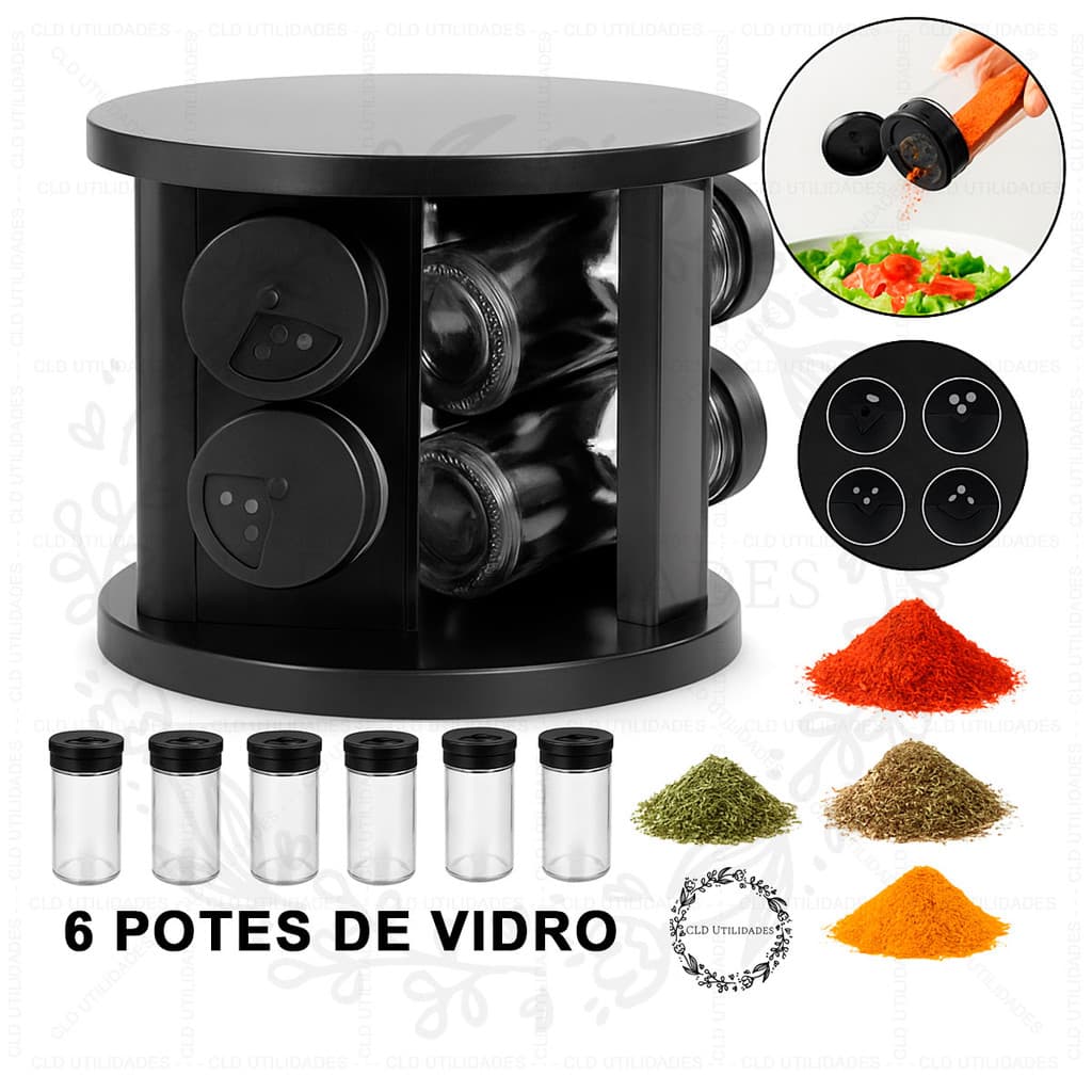 Porta Temperos Condimentos Giratório 360 Organizador 6 Potes de Vidro Com Suporte