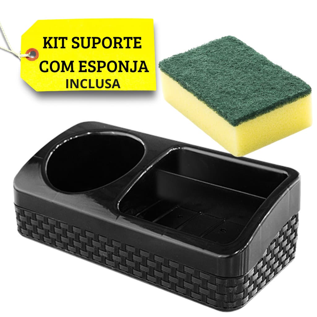 Porta Detergente, Esponja e Sabão Rattan Preto com Base