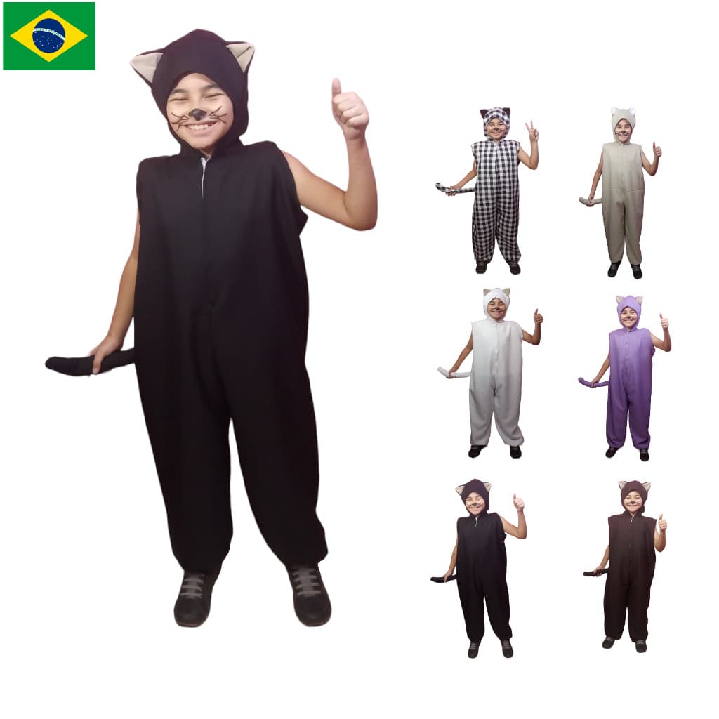 Fantasia Criança Gato Escolar de 07 a 11 de Idade Infantil Aniversário Gatinho Mágicos Tecido Oxford