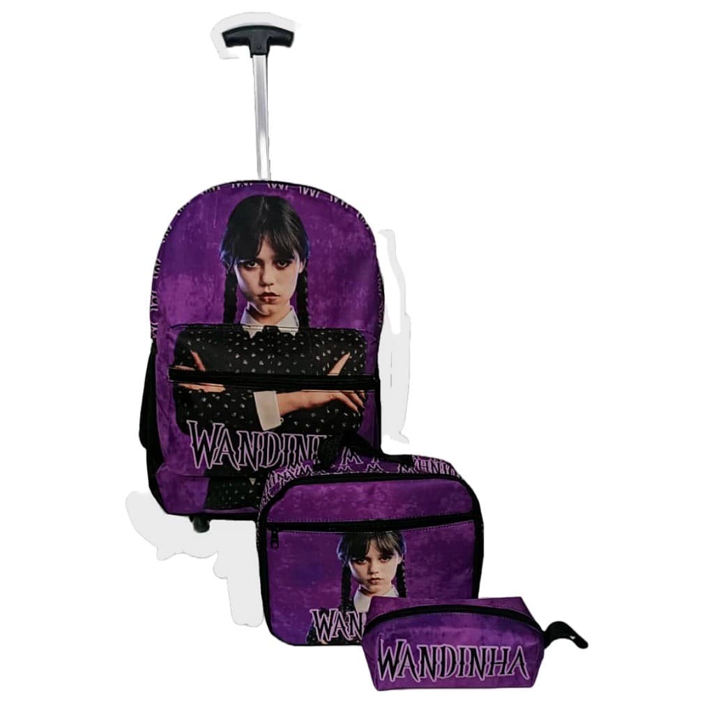Kit Mochila Rodinha Wandinha 2 Lancheira Térmica Estojo