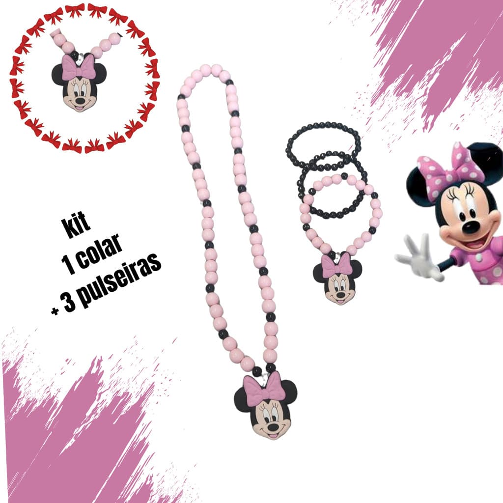 Kit Colar e 3 Pulseira de Miçangas Pingente Personagem Rosa
