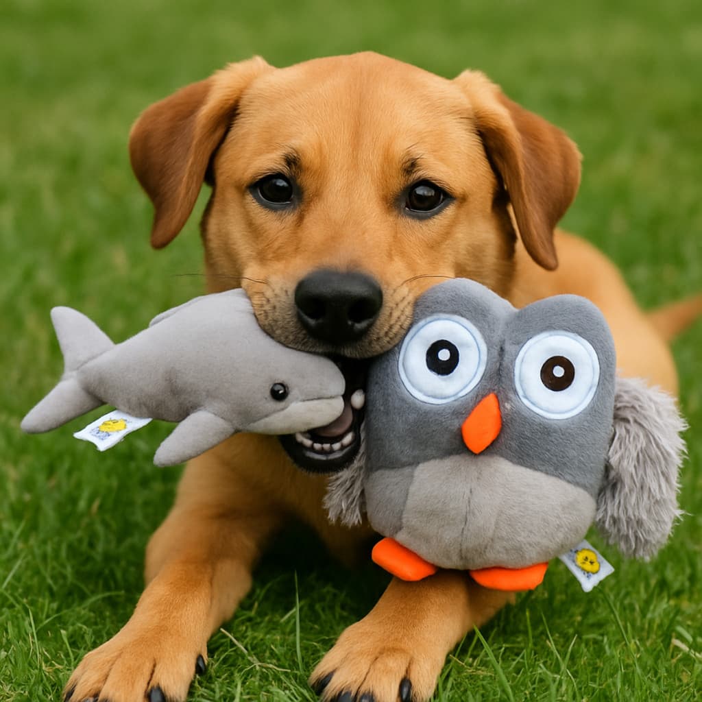 Mordedor Coruja Cinza + Mordedor Baleia para Pets Kit com 2 mordedores