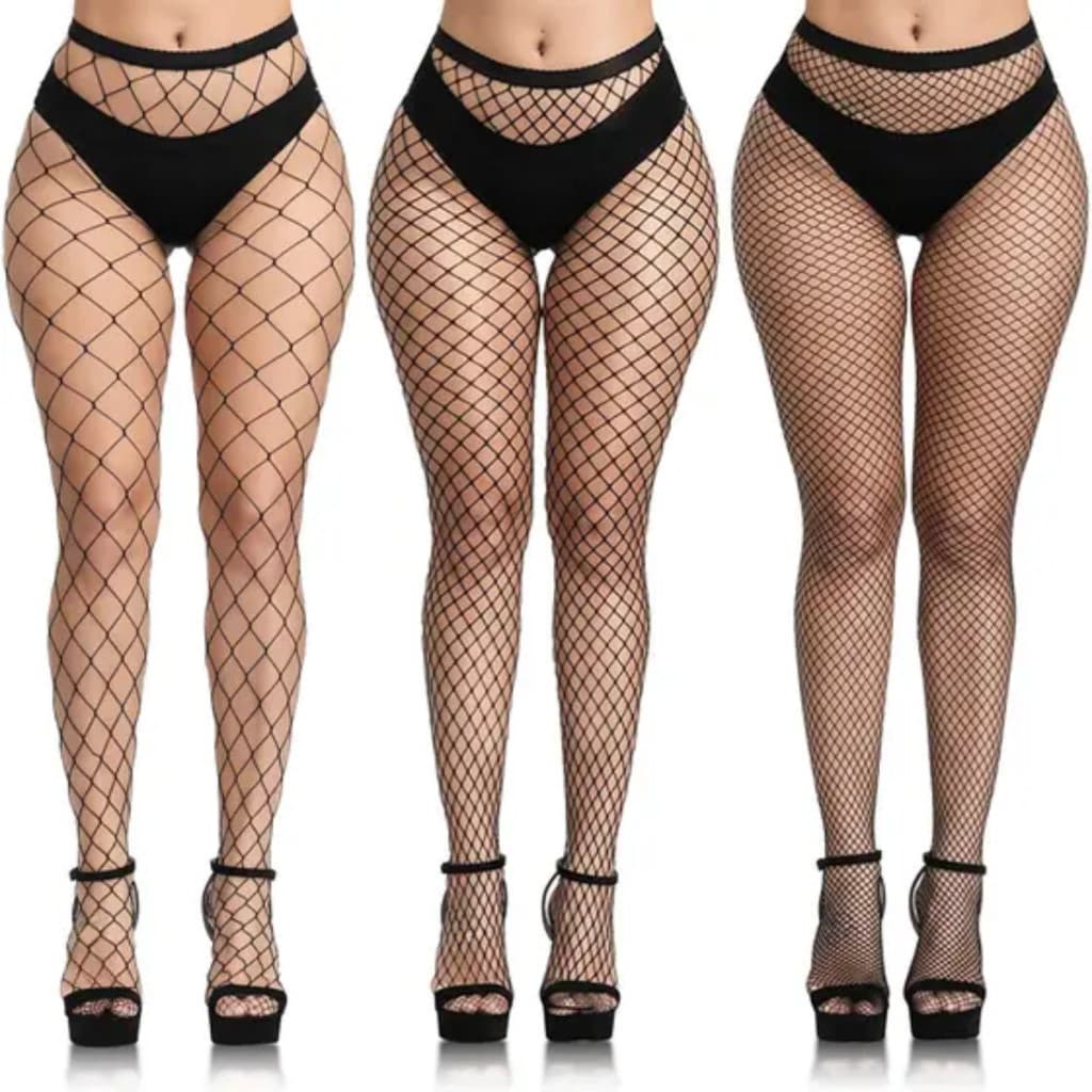 Kit 3 Meia Calça Arrastão Elástica Trama Grande Médio e Mini Cor Preta Cós Alto Adulto Gótica