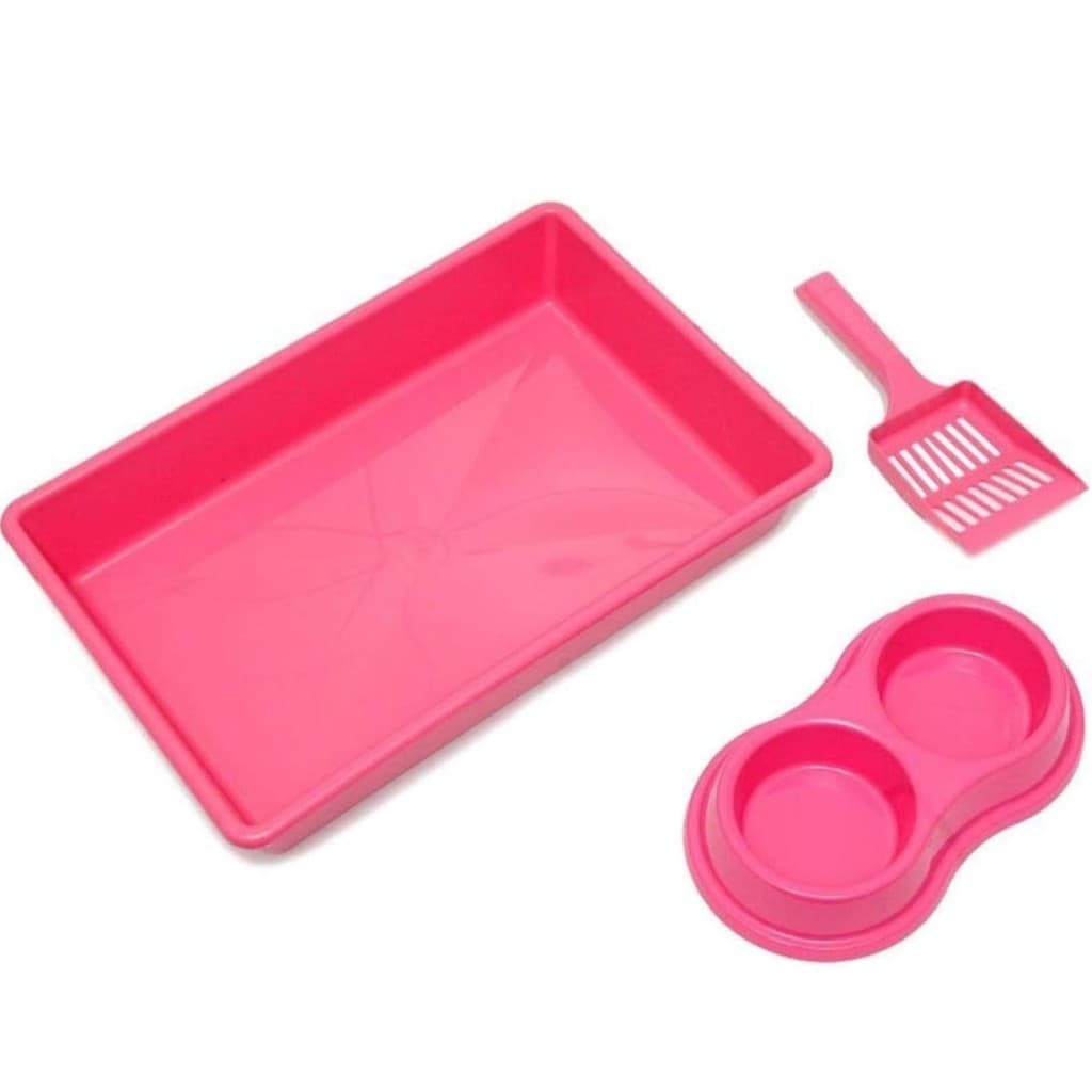 KIT CAIXA DE AREIA PARA GATOS COM PÁ + 1 COMEDOURO DUPLO