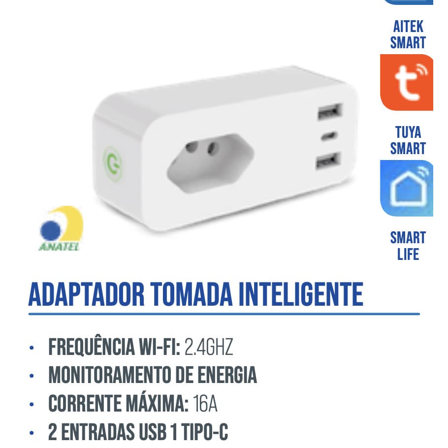 TOMADA INTELIGENTE 2 USB 1 TIPO C WIFI 16A COM MONITORAMENTO ENERGIA AITEK