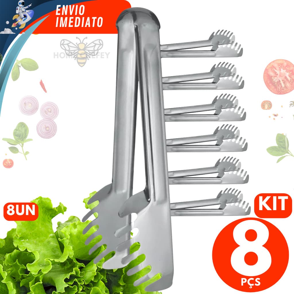 Kit 08 UnI Pegador de Macarrão em Inox Salada Massas Churrasco Massas Para Cozinha Multiuso Utensílios Qualidade Premium