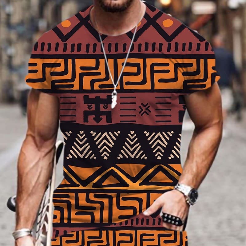 Camisa De Impressão De Tecido Tribal Primitivo Étnico Africano 3D Tamanho Superior Masculino Confortável Manga Curta Rou